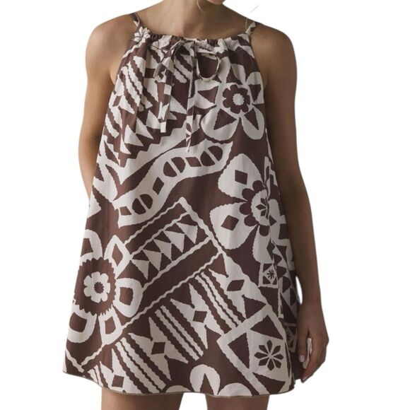 BDG x Urban Outfitters Sz L Brown Eva Tie-Front Ruched Strap Trapeze Mini Dress - Picture 10 of 11